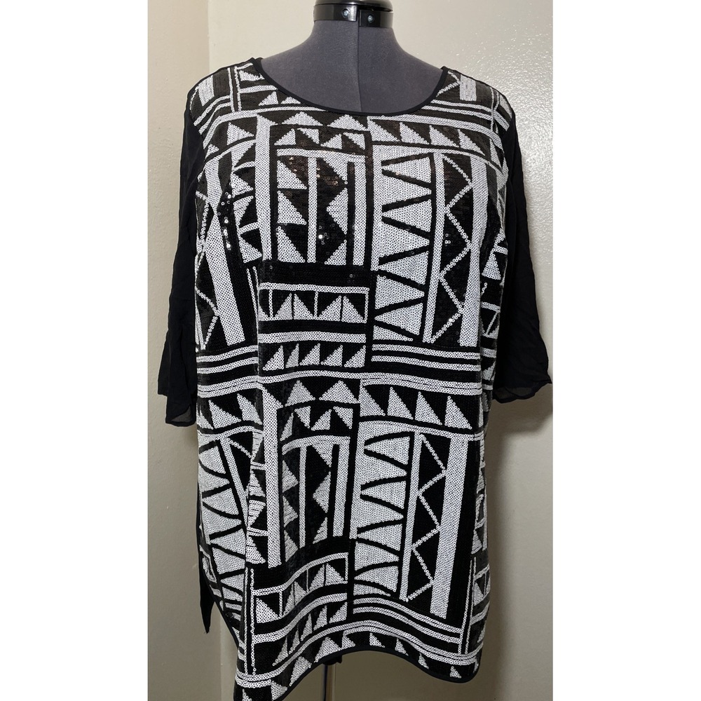 Vince Camuto 1X Geometric Sequin Tunic Top Black White Boho Glam Party Blouse
